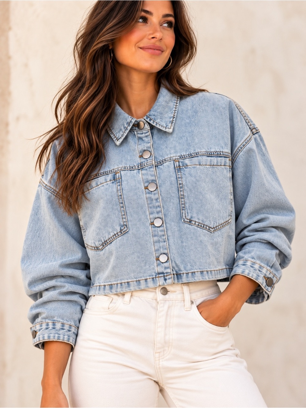MABLE Give It Meaning Cropped Denim Jacket Medium Light Wash Oversized NWT